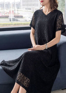 Simple Black V Neck Wrinkled Patchwork Lace Dresses Summer