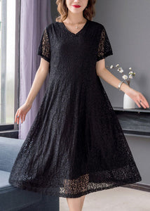 Simple Black V Neck Wrinkled Patchwork Lace Dresses Summer