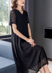 Simple Black V Neck Wrinkled Patchwork Lace Dresses Summer