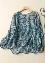 Load image into Gallery viewer, Simple Blue Oversized Print Linen Shirt Tops Lantern Sleeve