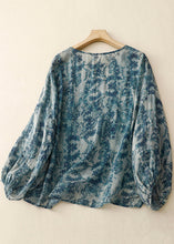 Load image into Gallery viewer, Simple Blue Oversized Print Linen Shirt Tops Lantern Sleeve