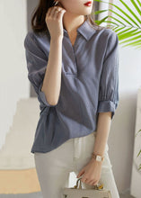 Load image into Gallery viewer, Simple Blue Plaid Peter Pan Collar Button Patchwork Cotton Shirts Bracelet Sleeve