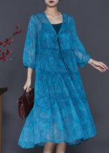 Load image into Gallery viewer, Simple Blue Ruffled Print Lace Up Chiffon Beach Dress Spring