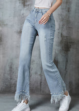 Load image into Gallery viewer, Simple Blue Tasseled Nail Bead Denim Ripped Pants Summer