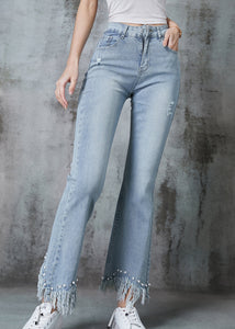 Simple Blue Tasseled Nail Bead Denim Ripped Pants Summer