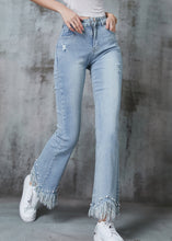 Load image into Gallery viewer, Simple Blue Tasseled Nail Bead Denim Ripped Pants Summer