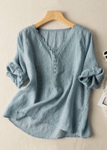 Load image into Gallery viewer, Simple Blue V Neck Solid Linen Shirts Half Sleeve