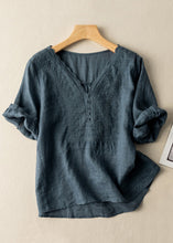 Load image into Gallery viewer, Simple Blue V Neck Solid Linen Shirts Half Sleeve