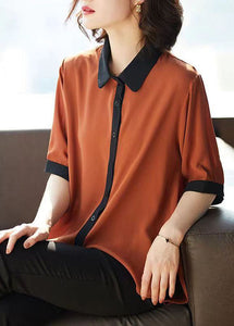 Simple Caramel Peter Pan Collar Button Patchwork Chiffon Shirts Top Summer