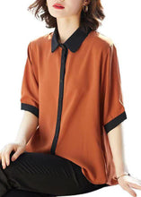 Load image into Gallery viewer, Simple Caramel Peter Pan Collar Button Patchwork Chiffon Shirts Top Summer