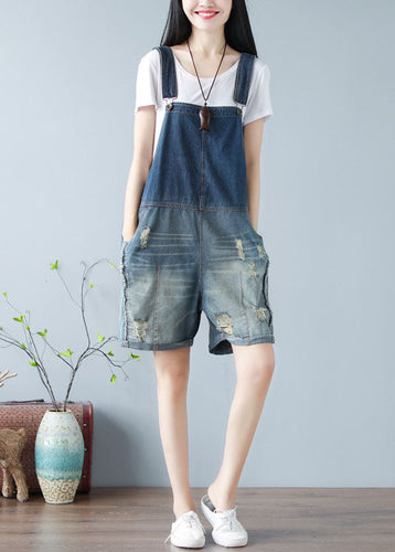 Simple Denim Blue Oversized Cotton Shorts Jumpsuit Ripped Jeans Summer