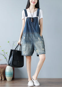 Simple Denim Blue Oversized Cotton Shorts Jumpsuit Ripped Jeans Summer