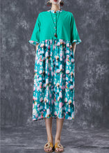 Load image into Gallery viewer, Simple Green Cinched Patchwork Print Linen Maxi Dresses Butterfly Sleeve