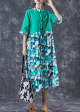 Load image into Gallery viewer, Simple Green Cinched Patchwork Print Linen Maxi Dresses Butterfly Sleeve