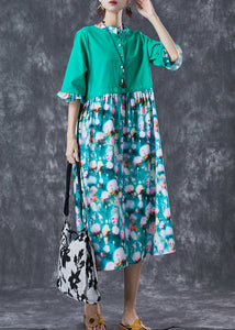 Simple Green Cinched Patchwork Print Linen Maxi Dresses Butterfly Sleeve