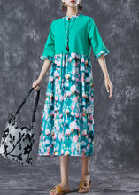 Load image into Gallery viewer, Simple Green Cinched Patchwork Print Linen Maxi Dresses Butterfly Sleeve