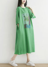 Load image into Gallery viewer, Simple Green O-Neck Oversized Print Cotton Dress Half Sleeve