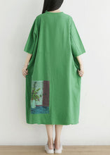 Load image into Gallery viewer, Simple Green O-Neck Oversized Print Cotton Dress Half Sleeve