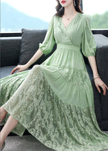 Load image into Gallery viewer, Simple Green V Neck Embroidered Floral Elastic Waist Silk Long Dress Short Sleeve