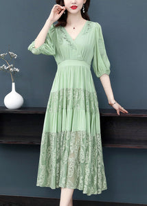 Simple Green V Neck Embroidered Floral Elastic Waist Silk Long Dress Short Sleeve