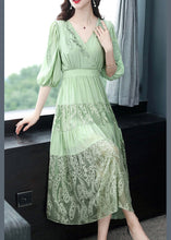 Load image into Gallery viewer, Simple Green V Neck Embroidered Floral Elastic Waist Silk Long Dress Short Sleeve