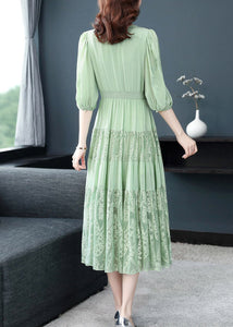 Simple Green V Neck Embroidered Floral Elastic Waist Silk Long Dress Short Sleeve