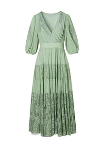 Simple Green V Neck Embroidered Floral Elastic Waist Silk Long Dress Short Sleeve