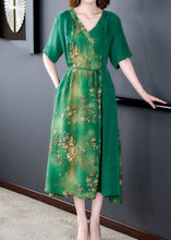 Load image into Gallery viewer, Simple Green V Neck Patchwork Print Silk Dress Summer