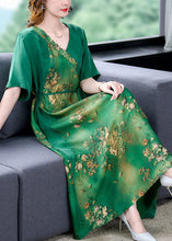 Load image into Gallery viewer, Simple Green V Neck Patchwork Print Silk Dress Summer