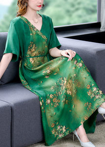 Simple Green V Neck Patchwork Print Silk Dress Summer