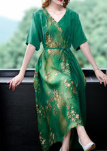 Load image into Gallery viewer, Simple Green V Neck Patchwork Print Silk Dress Summer