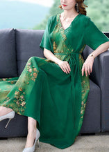 Load image into Gallery viewer, Simple Green V Neck Patchwork Print Silk Dress Summer