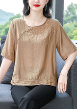 Load image into Gallery viewer, Simple Khaki O Neck Embroidered Cotton Top Summer