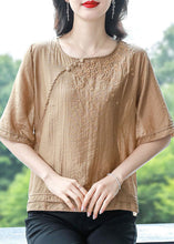 Load image into Gallery viewer, Simple Khaki O Neck Embroidered Cotton Top Summer