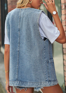 Simple Light Blue V Neck Button Loose Denim Vest Fall