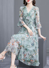 Load image into Gallery viewer, Simple Light Blue V Neck Ruffled Patchwork Print Silk Dress Summer