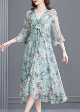 Load image into Gallery viewer, Simple Light Blue V Neck Ruffled Patchwork Print Silk Dress Summer