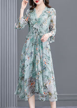 Load image into Gallery viewer, Simple Light Blue V Neck Ruffled Patchwork Print Silk Dress Summer