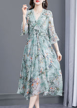 Load image into Gallery viewer, Simple Light Blue V Neck Ruffled Patchwork Print Silk Dress Summer