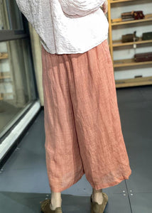 Simple Orange Pockets Elastic Waist Linen Wide Leg Pants Summer