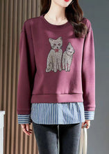 Load image into Gallery viewer, Simple Purple Cats Patchwork Cotton Pullover Tops Spring