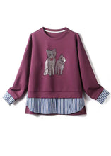 Load image into Gallery viewer, Simple Purple Cats Patchwork Cotton Pullover Tops Spring