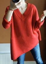 Load image into Gallery viewer, Simple Red Asymmetrical Solid Knit Top Long Sleeve