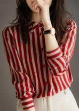 Load image into Gallery viewer, Simple Red Peter Pan Collar Striped Patchwork Chiffon Shirt Long Sleeve