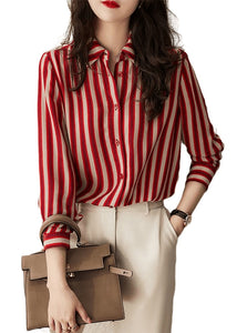 Simple Red Peter Pan Collar Striped Patchwork Chiffon Shirt Long Sleeve