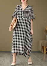 Load image into Gallery viewer, Simple V Neck Plaid Patchwork Side Open Linen Maxi Dress Short Sleeve