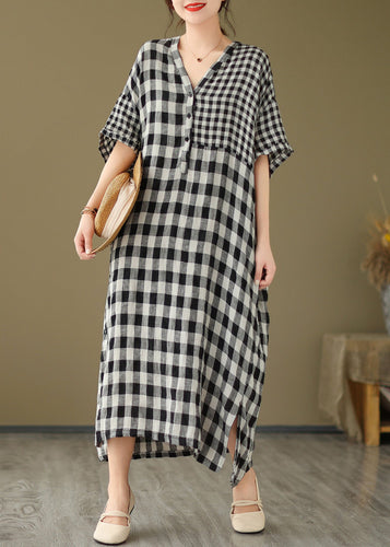 Simple V Neck Plaid Patchwork Side Open Linen Maxi Dress Short Sleeve