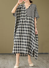 Load image into Gallery viewer, Simple V Neck Plaid Patchwork Side Open Linen Maxi Dress Short Sleeve