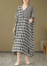 Load image into Gallery viewer, Simple V Neck Plaid Patchwork Side Open Linen Maxi Dress Short Sleeve