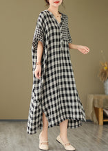 Load image into Gallery viewer, Simple V Neck Plaid Patchwork Side Open Linen Maxi Dress Short Sleeve